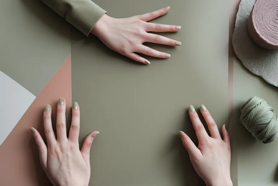 Close-up of a hand arranging textures and color cards on a manifestation mood board.