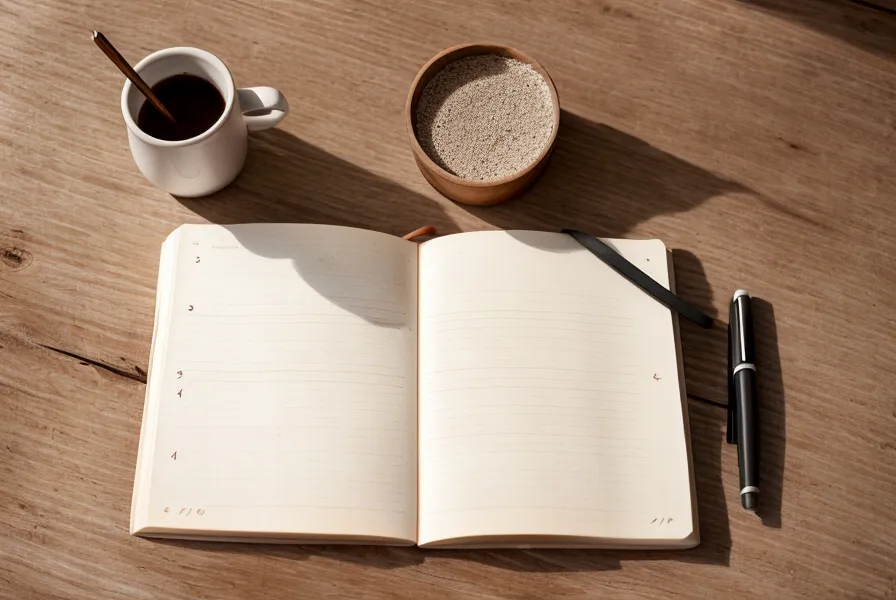 An open journal with a simple sketch and a small stone on a wooden table.