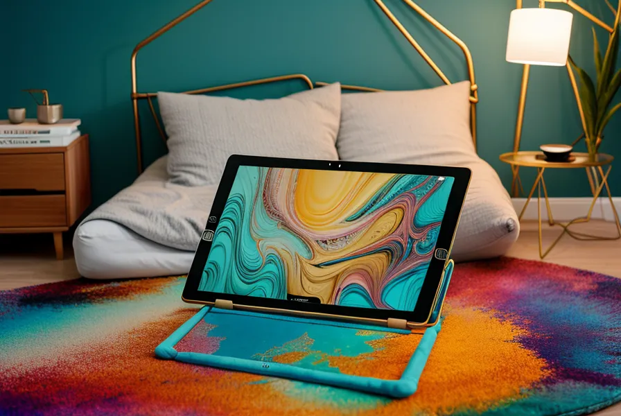 A digital tablet showing an abstract energy reading with teal and gold swirls.