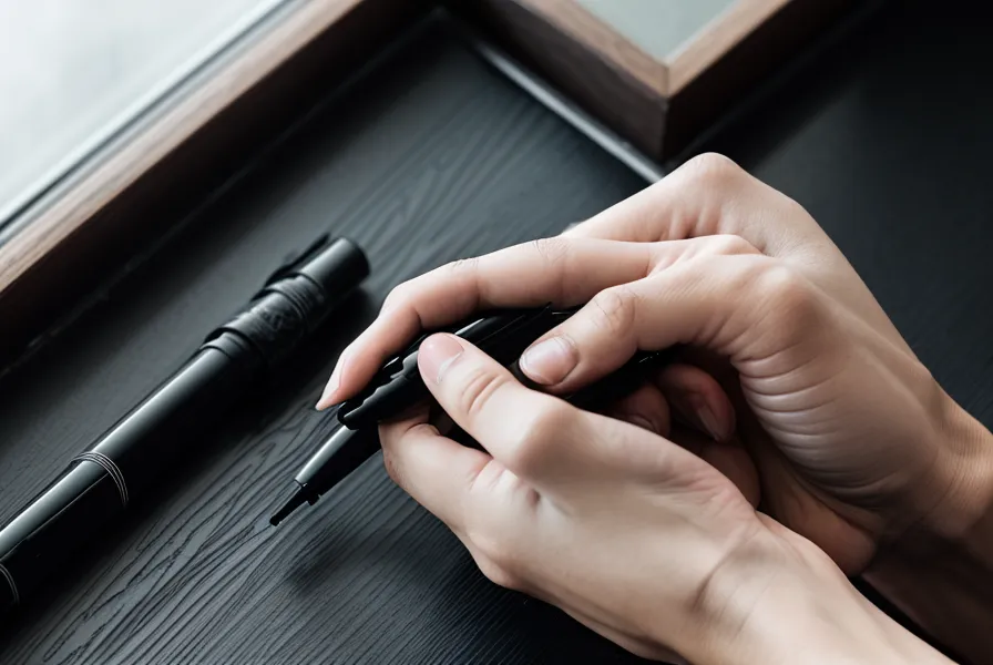 Close-up of a hand writing manifestation scripts in a linen journal.