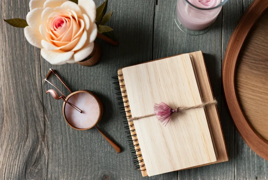 A manifestation journal with glasses and a rose quartz crystal on a wooden table.
